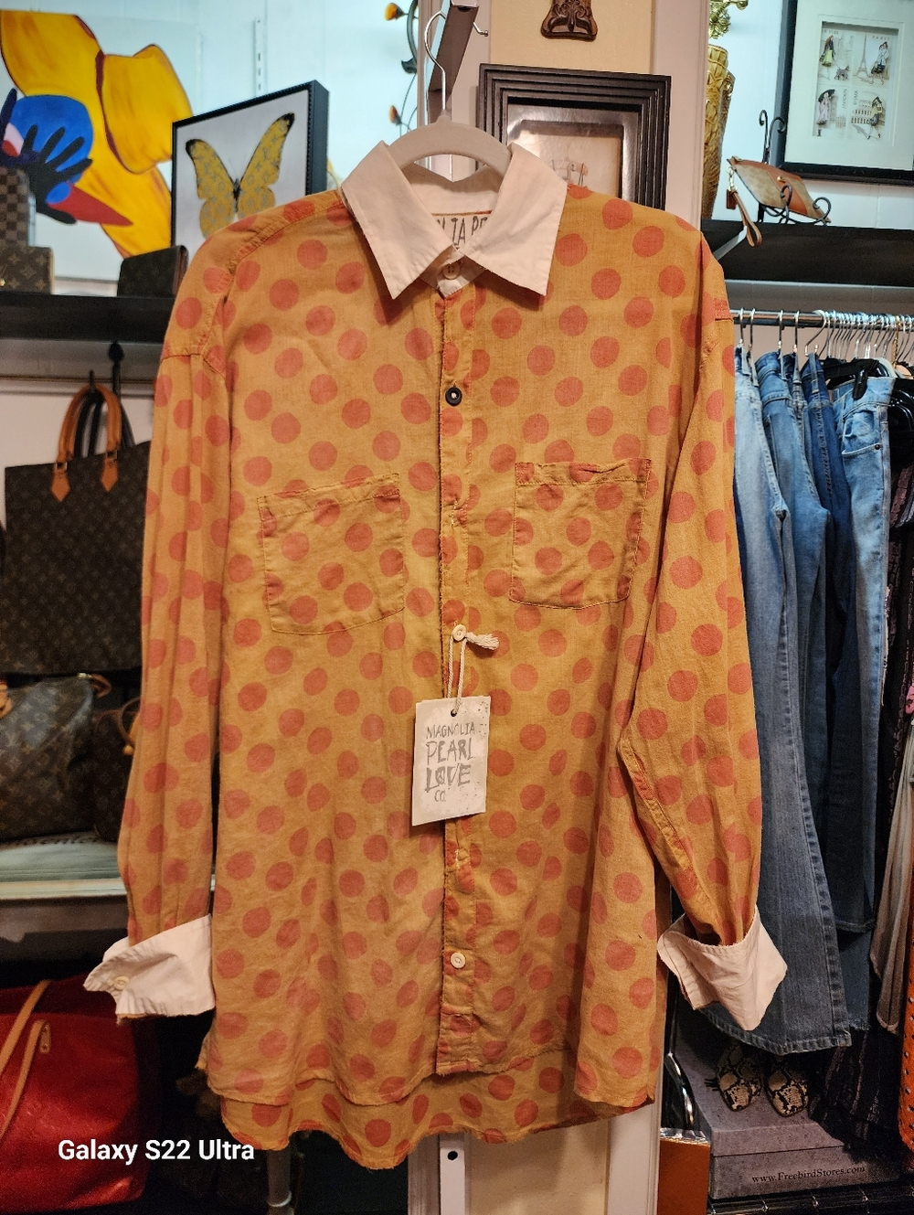 Magnolia Pearl Polka Dot Button-Up Shirt with White Collar
